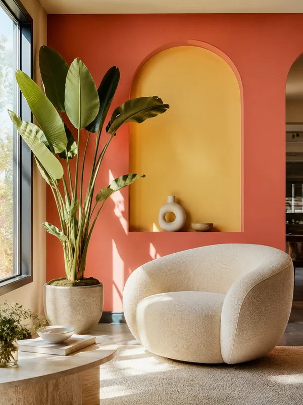 Vibrant modern living space with rose and canary walls