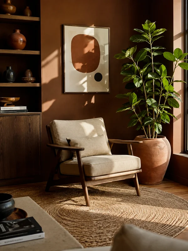 Warm earthy living room with rich walnut and hazelnut accents